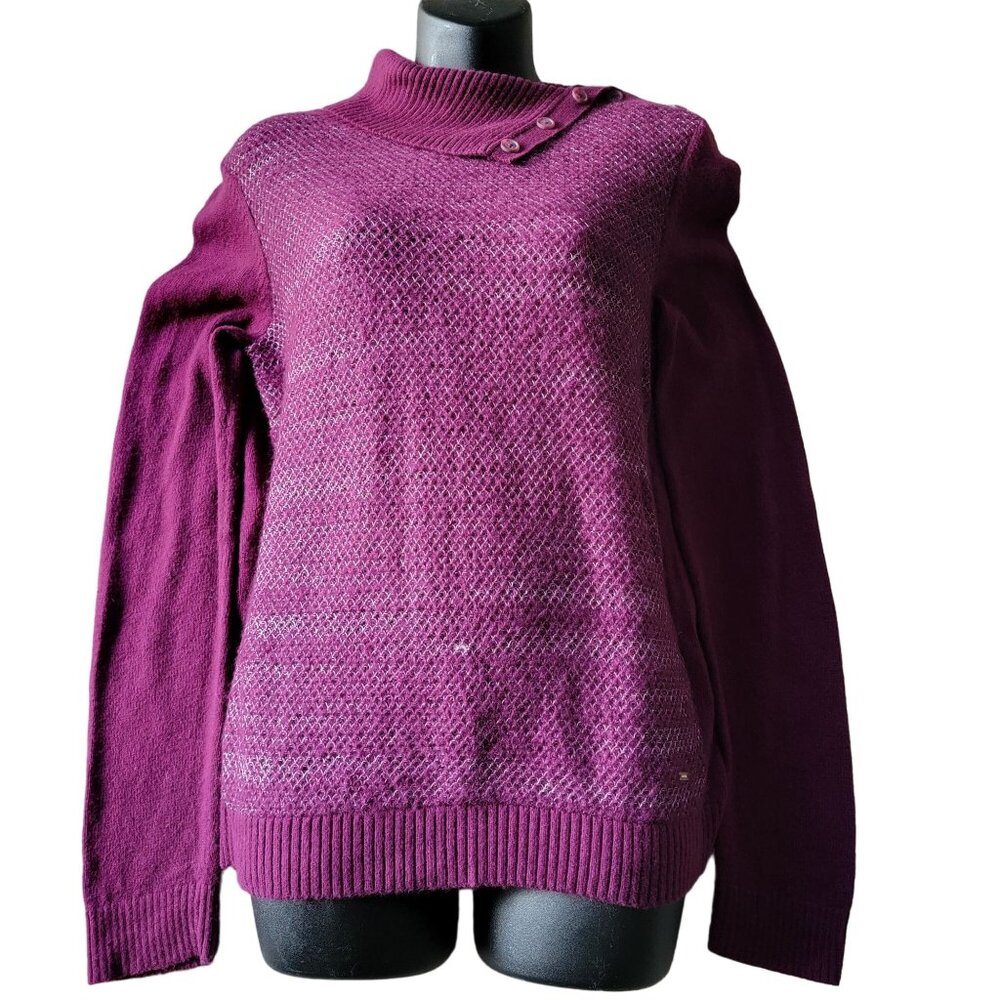 Tommy Hilfiger Merlot Knit Sweater Silver Metallic Womens M Ribbed Angled Collar